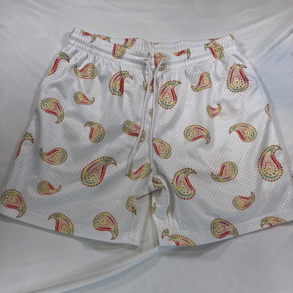 CSG Mens XL White Paisley Mesh Athletic Basketball Shorts Drawstring Streetwear